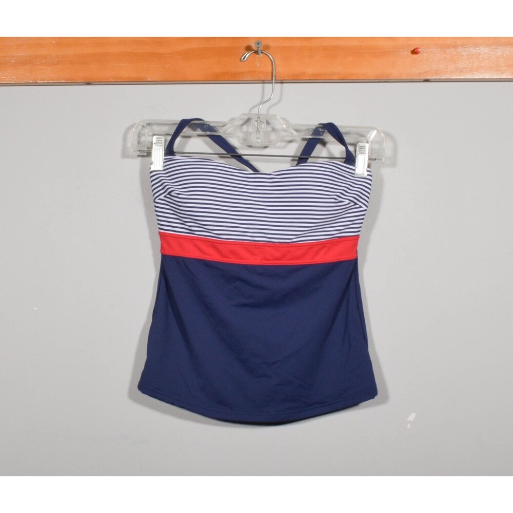 Niptuck Swim Navy Stripe Red Halter Tankini Top Multi Fit Cup Sz US 4